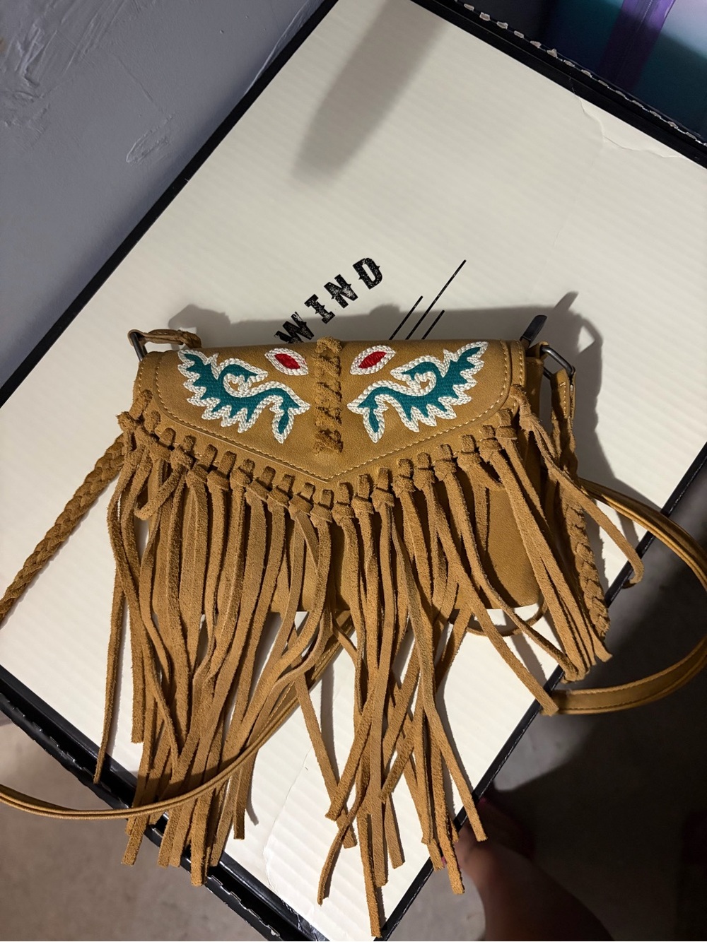 Wrangler Fringed Embroidered Crossbody Bag in Tan